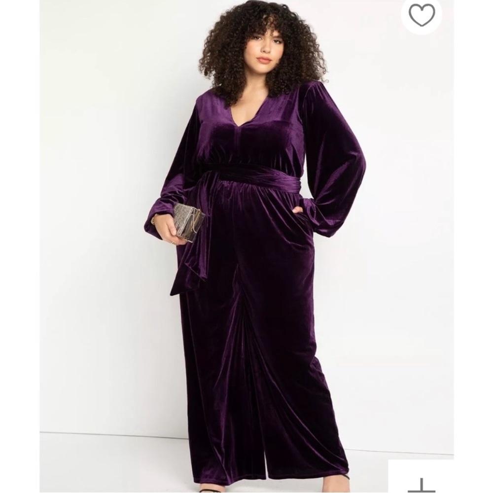 Eloquii Deep Plum Velvet Long-Sleeve Wide-Leg Jumpsuit